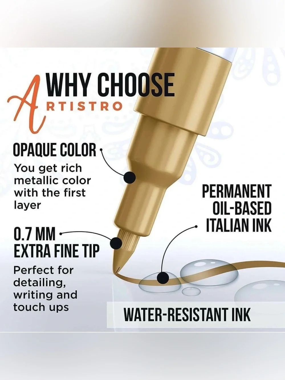 Artistro Metallic Acrylic Paint Pen Set (3 Gold + 3 Silver) Extra Fine Tip